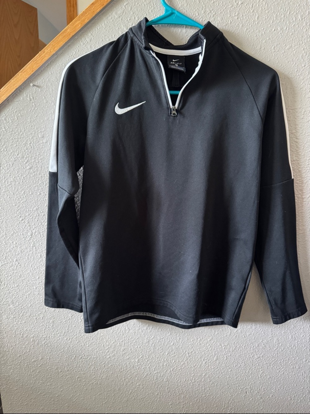Nike Black Half-Zip Pullover with White Swoosh and Sleeve Stripe youth Large
